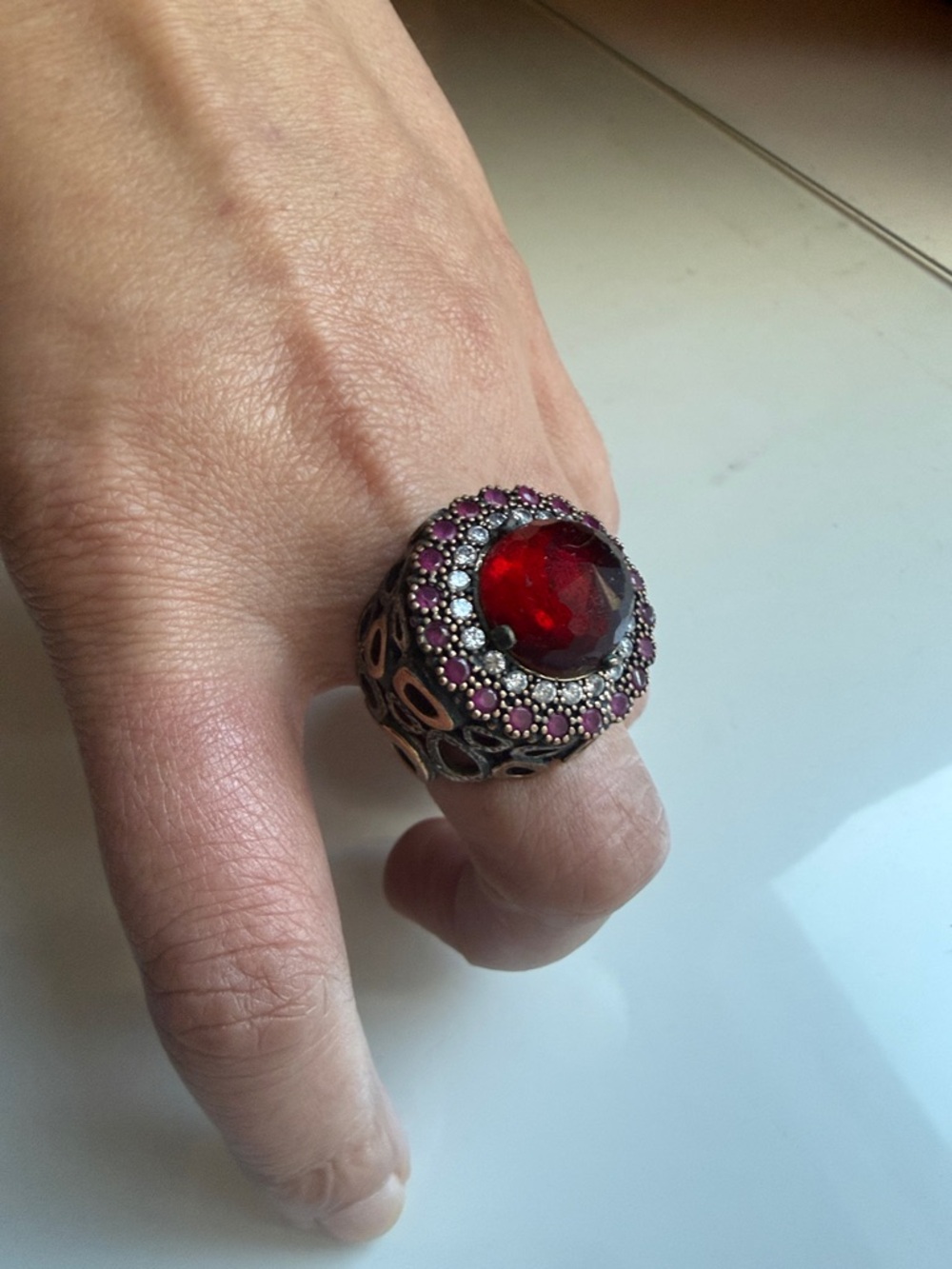 Red silver Cocktail Ring with Pink Accents